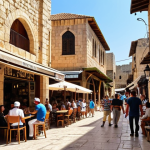 **

"A bustling street scene in Byblos, Lebanon. Ancient Roman ruins are visible alongside modern shops and cafes. Show the intersection of different cultures and historical periods. Warm, sunny lighting. Focus on the architectural contrast and diverse crowds."

**