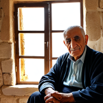 A thoughtful portrait of an elderly Lebanese man, fully clothed in modest, traditional attire, sitting contemplatively by a window in a rustic, well-maintained home in a Lebanese village. Sunlight gently illuminates his wise face, highlighting lines of experience and resilience. The background shows hints of a peaceful, traditional interior. Safe for work, appropriate content, fully clothed, professional, perfect anatomy, correct proportions, natural pose, well-formed hands, proper finger count, natural body proportions, professional photography, high quality, warm lighting, detailed textures.