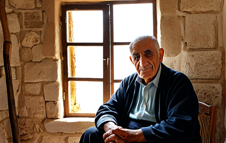 A thoughtful portrait of an elderly Lebanese man, fully clothed in modest, traditional attire, sitting contemplatively by a window in a rustic, well-maintained home in a Lebanese village. Sunlight gently illuminates his wise face, highlighting lines of experience and resilience. The background shows hints of a peaceful, traditional interior. Safe for work, appropriate content, fully clothed, professional, perfect anatomy, correct proportions, natural pose, well-formed hands, proper finger count, natural body proportions, professional photography, high quality, warm lighting, detailed textures.