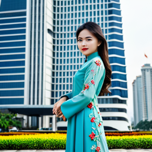 Home 20 Modern Vietnamese Ao Dai Fashion**
"A young Vietnamese woman wearing a modern, fully clothed Ao Dai with floral embroidery, standing in front of the iconic Landmark 81 building in Ho Chi Minh City, Vietnam. Soft, natural lighting. Professional photography, safe for work, appropriate content, fully clothed, modest clothing, perfect anatomy, correct proportions, natural pose, well-formed hands, proper finger count, natural body proportions."
**