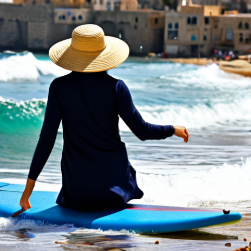 Home 19 **
A vibrant scene of Batroun, Lebanon. A woman, fully clothed in modest swimwear and a sun hat, is learning to surf on gentle waves near Pierre & Friends beach. In the background, colorful umbrellas dot the shoreline. Safe for work, appropriate content, perfect anatomy, natural proportions, professional photography, family-friendly.
**