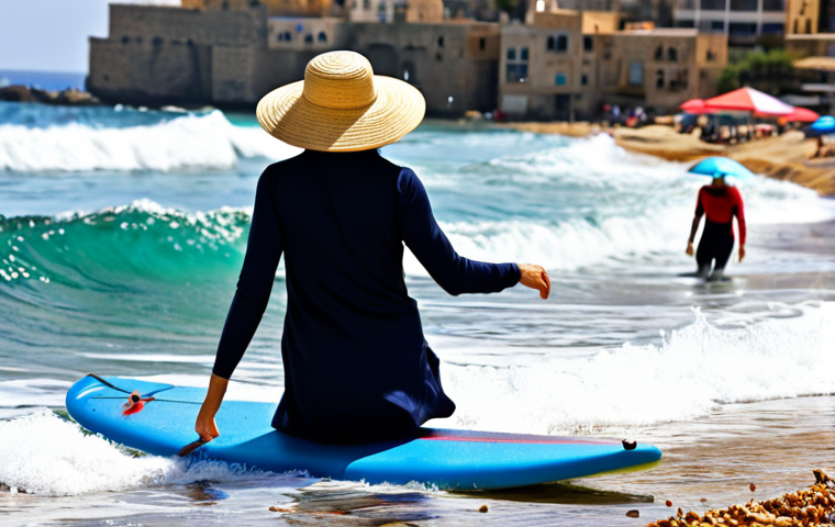 **

A vibrant scene of Batroun, Lebanon. A woman, fully clothed in modest swimwear and a sun hat, is learning to surf on gentle waves near Pierre & Friends beach. In the background, colorful umbrellas dot the shoreline. Safe for work, appropriate content, perfect anatomy, natural proportions, professional photography, family-friendly.

**