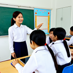 Interactive Classroom in Vietnam**

"Vietnamese teacher engaging with students in a modern classroom, utilizing interactive whiteboards and tablets for learning. Students are working in small groups on a project, all fully clothed in appropriate school uniforms. The classroom is bright and colorful, decorated with Vietnamese cultural elements. Safe for work, appropriate content, fully clothed, professional, family-friendly, perfect anatomy, correct proportions, natural pose, well-formed hands, proper finger count, natural body proportions, high-quality image."

**